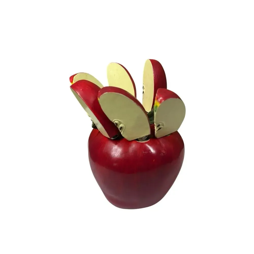 Vtg Red Apple Slice Spreader Knives Set Polyresin Holder Cheese Jam Farmhouse